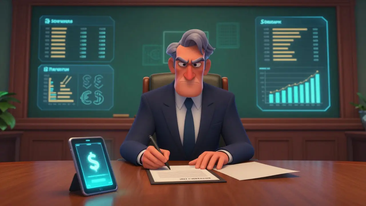 Бизнесмен подписывает крупный кредит у менеджера Сбербанка, в фоне — голографические международные транзакции.