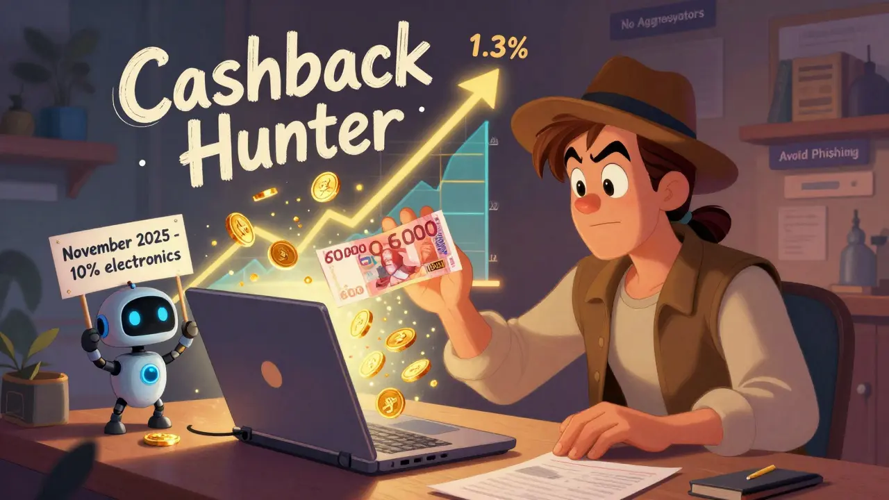Человек кладёт ноутбук в портал, из которого вылетают монеты кэшбэка, на фоне растущий график и надписи о выгоде.