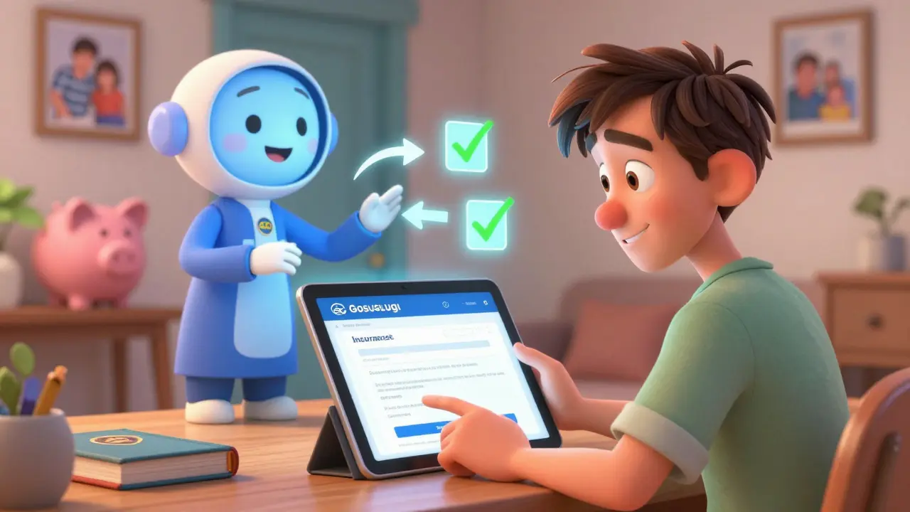 Человек подает заявление на выплату через Госуслуги с помощью цифрового помощника.