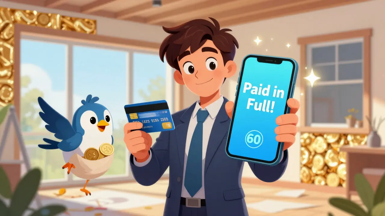 Человек погашает кредитную карту перед дедлайном, в карман летит птица с кэшбэком.