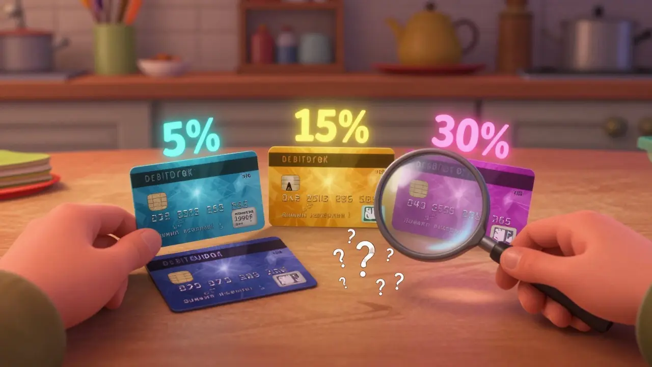 Человек сравнивает карты с разными процентами кэшбэка, одна из них с подпиской и предупреждением.