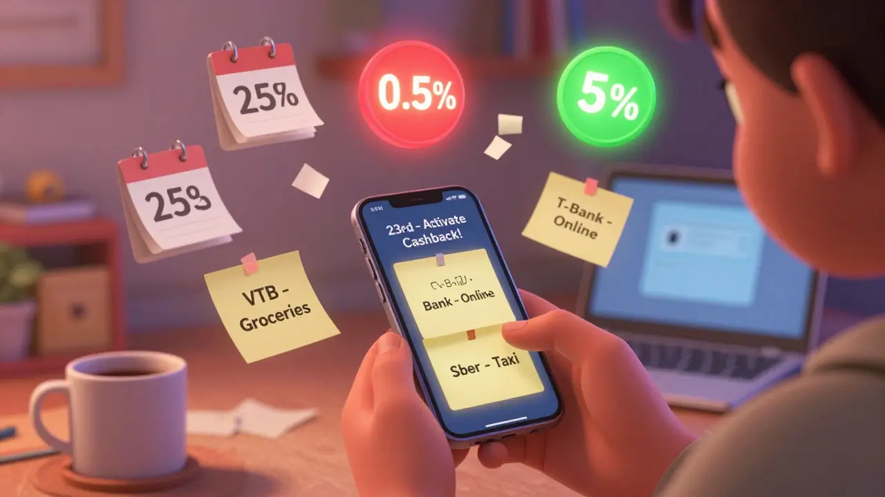 Человек ставит напоминание на телефоне, на картах наклейки с категориями кэшбэка, рядом — исчезающая низкая ставка.