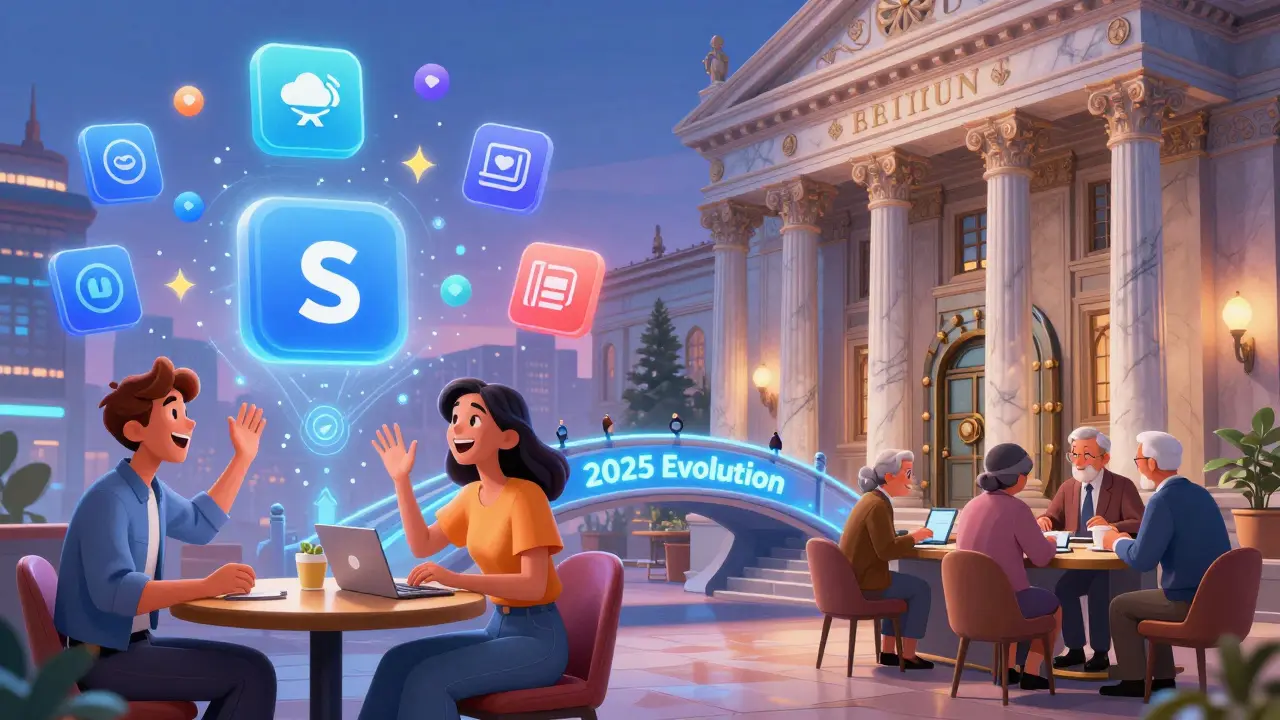 Два мира финансов: цифровой с яркими иконками и традиционный с мраморными колоннами, соединённые мостом эволюции.