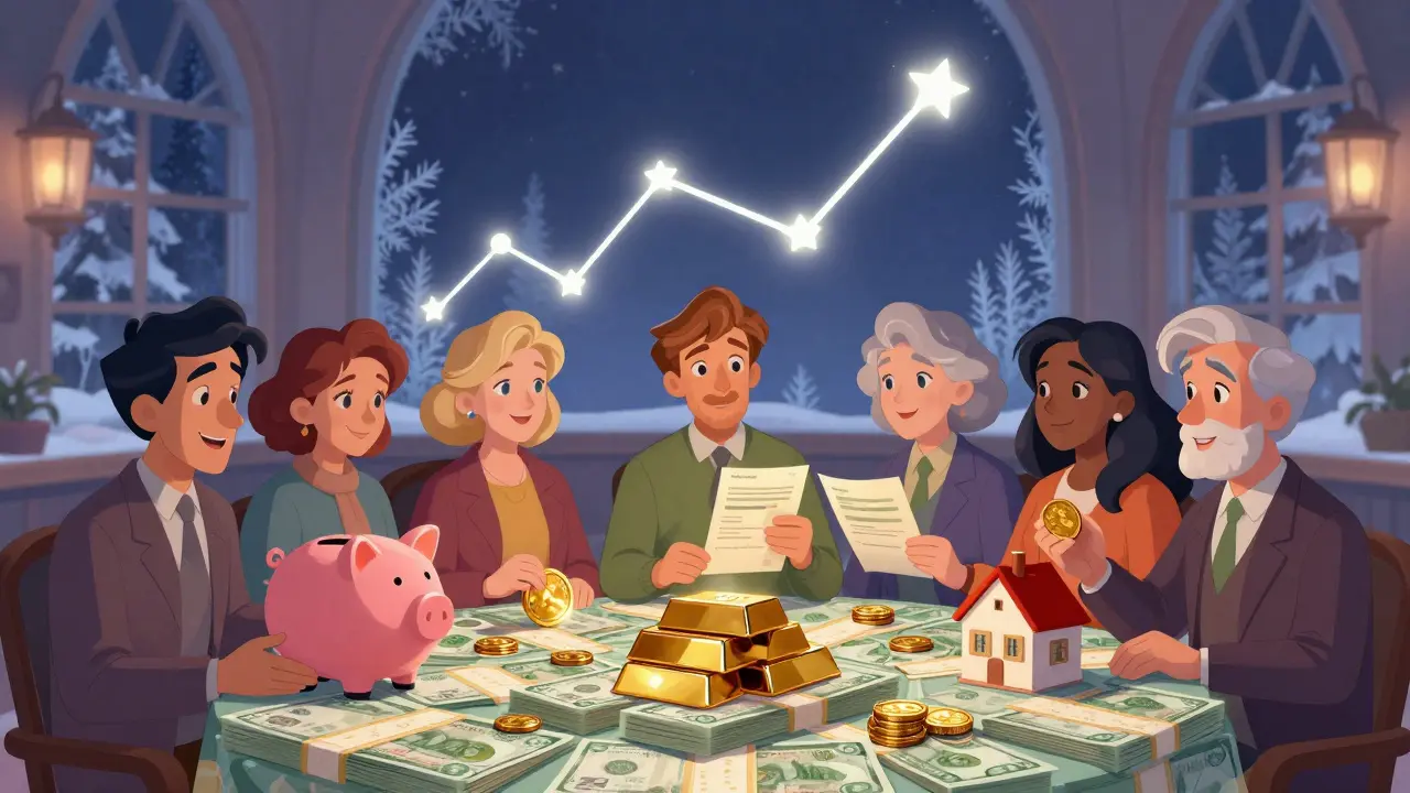 Группа инвесторов за столом с золотом, облигациями и акциями, над ними график из звёзд