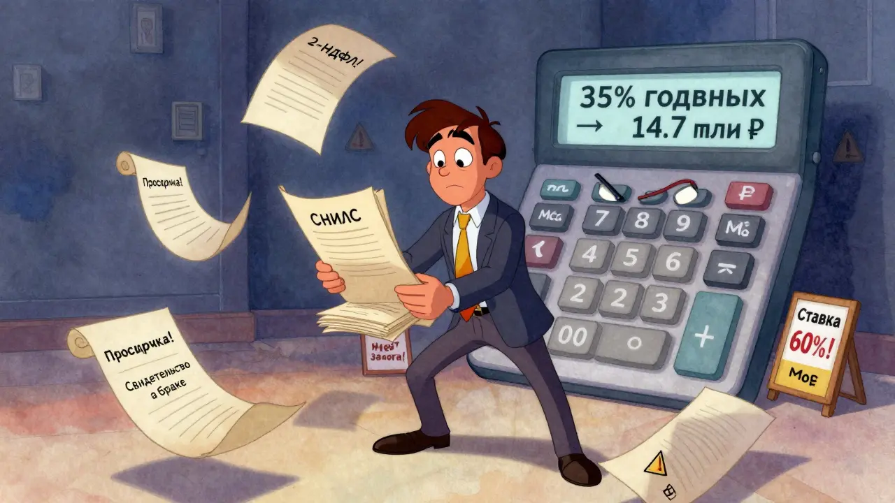 Мужчина с документами окружен магическими предупреждениями о высокой ипотечной ставке в стиле Диснея.