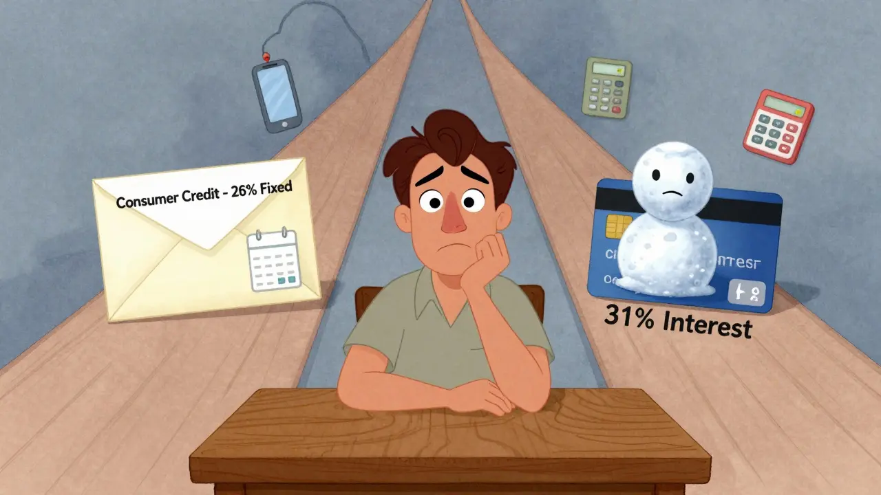 Мужчина выбирает между потребительским кредитом и долгом по карте, перед ним два пути.