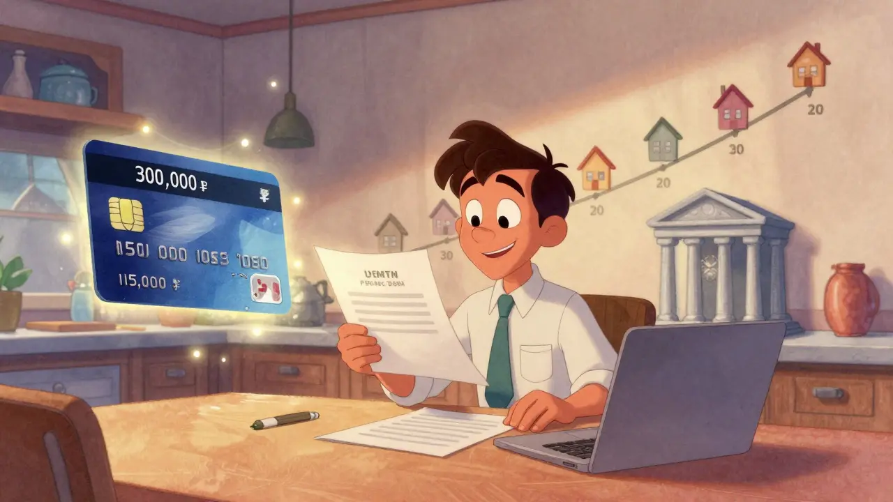 Мужчина за столом с плавающими финансовыми элементами, демонстрирующими влияние срока кредита