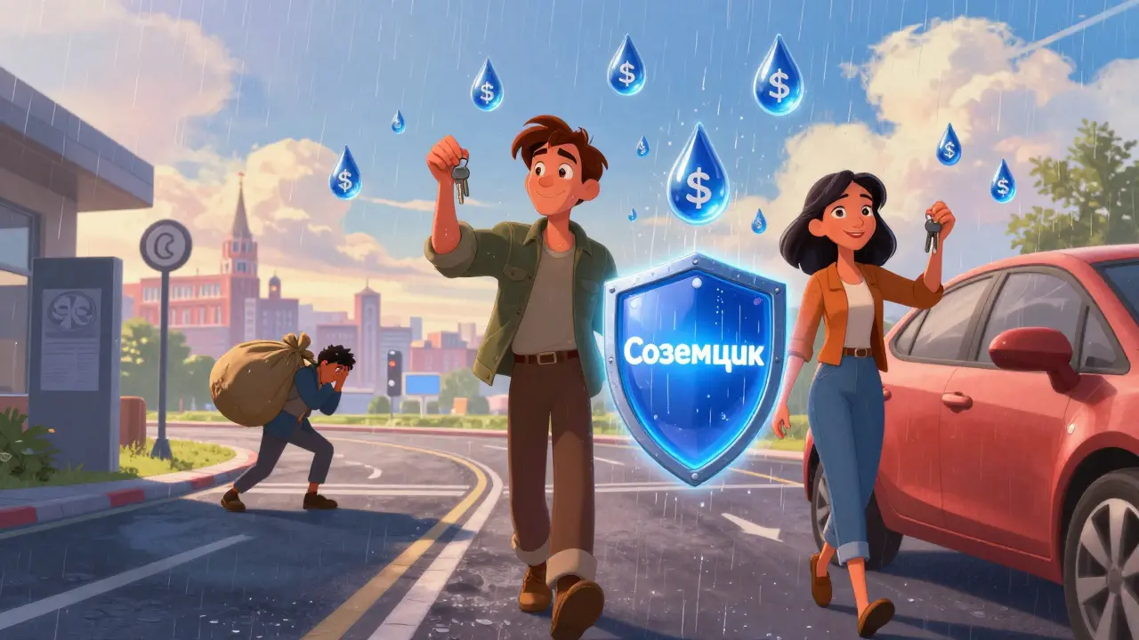 Пара уходит от автосалона под защитой щита созаемщика, избегая долговых бедствий.