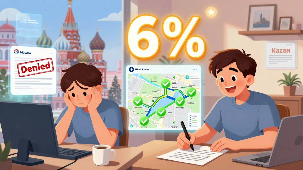 Разделённая сцена: отказ в Москве и одобрение в регионе с картой переезда.