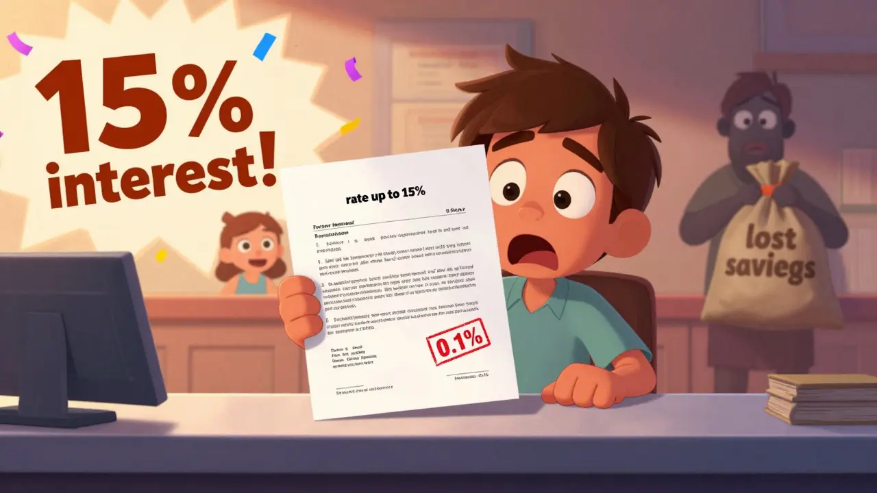 Разделённый экран: реклама с 15% и реальный договор с штрафом 0,1% — человек в шоке.