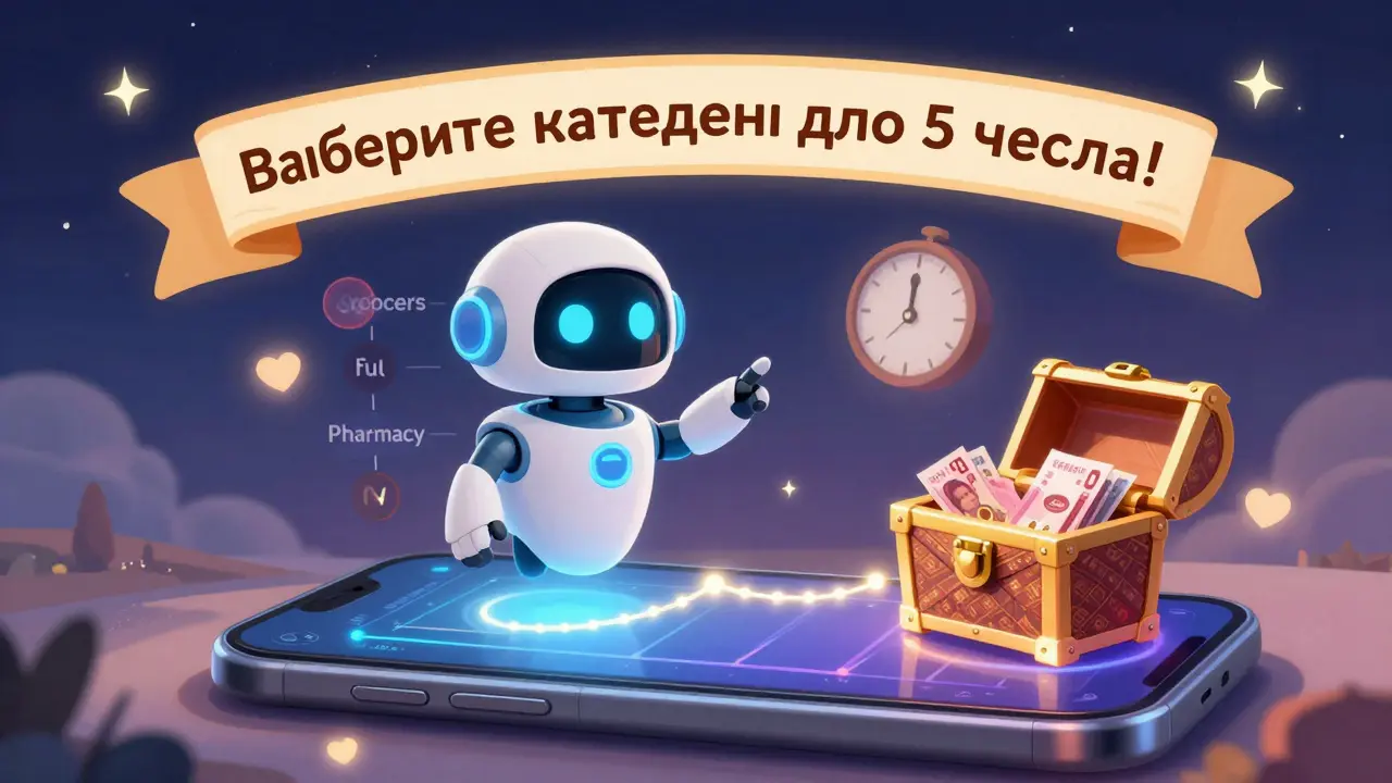 Робот-ассистент показывает, как правильно выбирать категории кэшбэка на телефоне перед датой 5 числа.