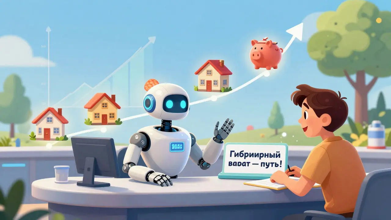 Робот в банке показывает клиенту гибридную схему кредита с переходом от аннуитета к дифференцированному платежу.