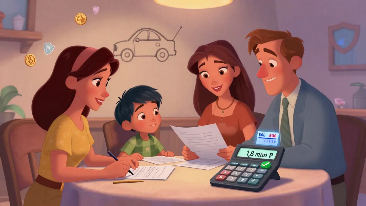 Семья обсуждает кредитные документы за столом, финансовые показатели растут на калькуляторе.