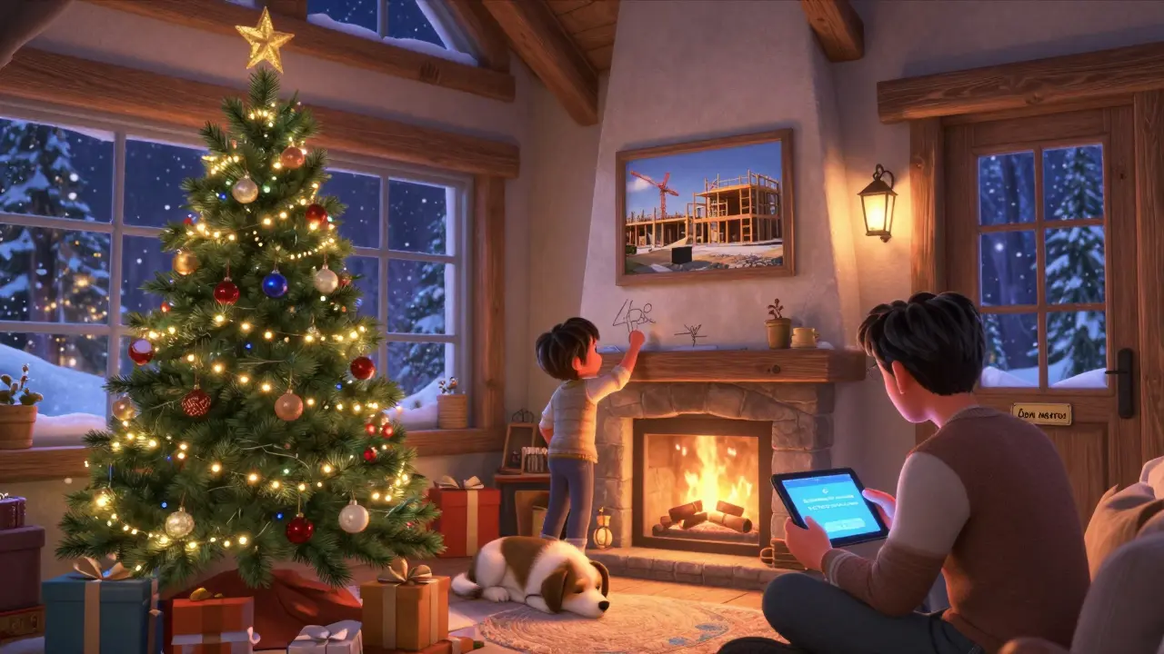 Семья празднует в новом доме, на табличке — напоминание о подтверждении дохода.