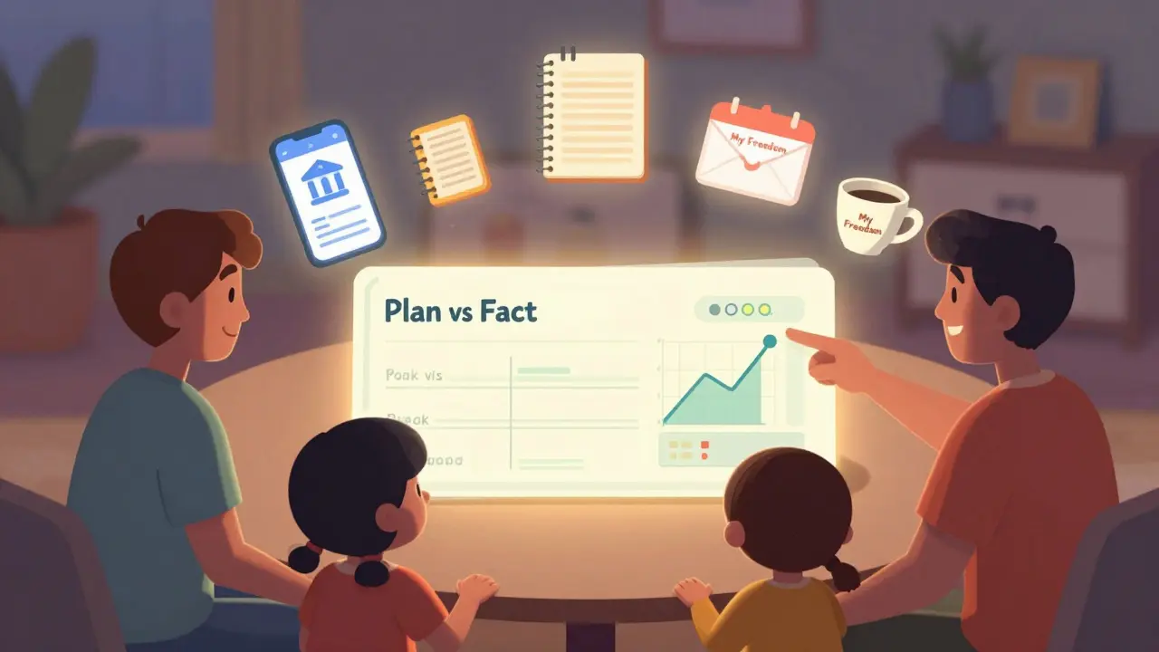 Семья вместе проводит финансовый чек-ин, держась за руки и обсуждая планы.