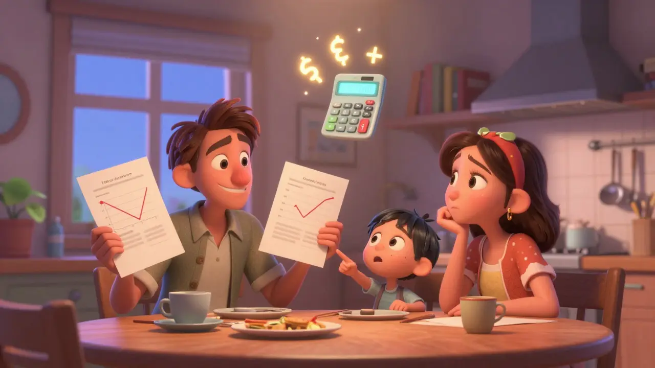 Семья за столом сравнивает два варианта кредита, над ними парит калькулятор с летящими цифрами.