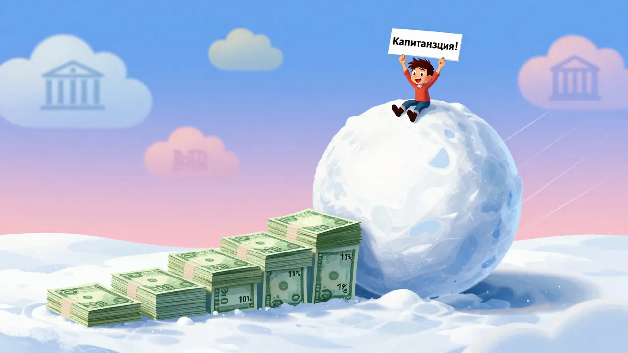 Снежный ком из денег катится по холму, растёт, человек на нём держит знак 'капитализация'.