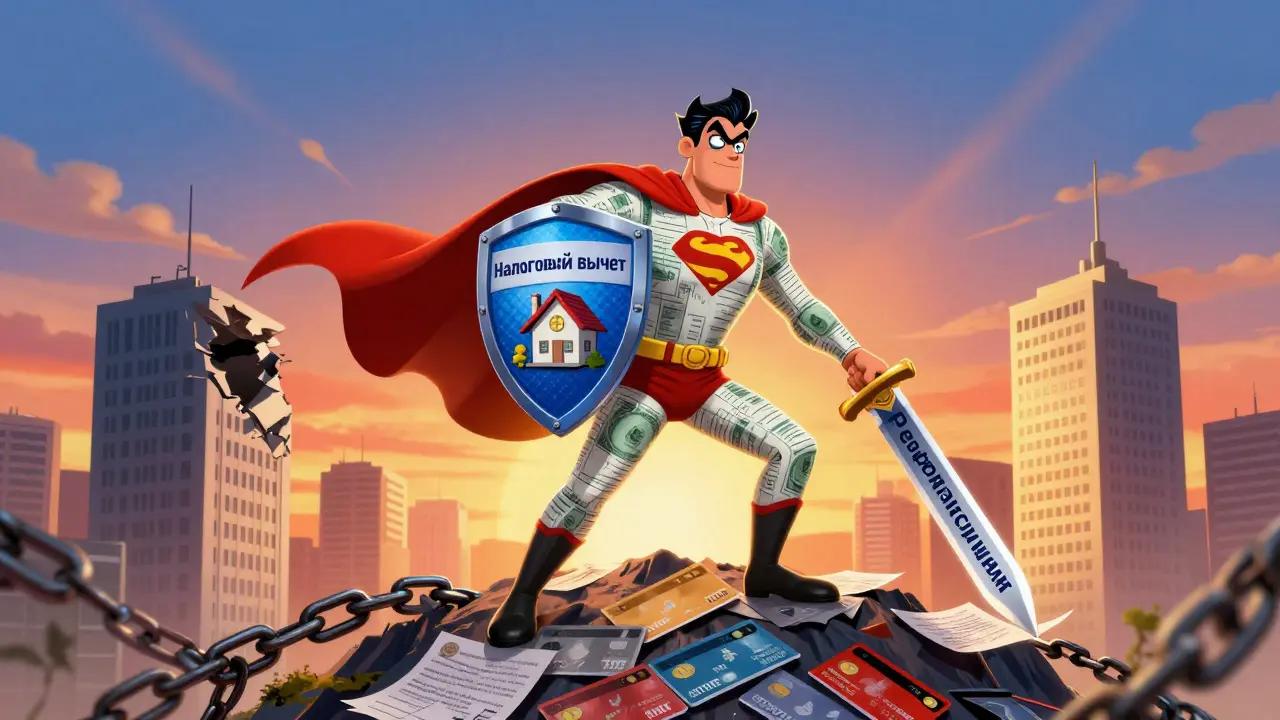 Супергерой с щитом налогового вычета разрезает цепи высоких процентов мечом рефинансирования.