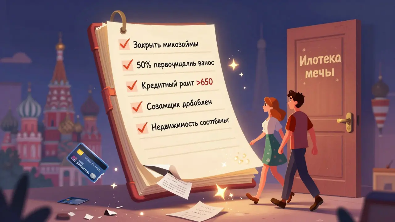 Волшебный чек-лист с пунктами ипотеки, пара шагает к двери мечты.