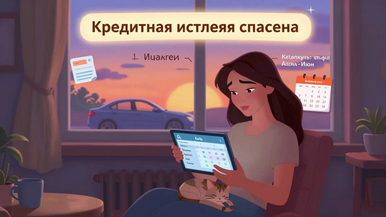 Женщина смотрит на план платежей, позади — два сценария: прошлое и будущее.