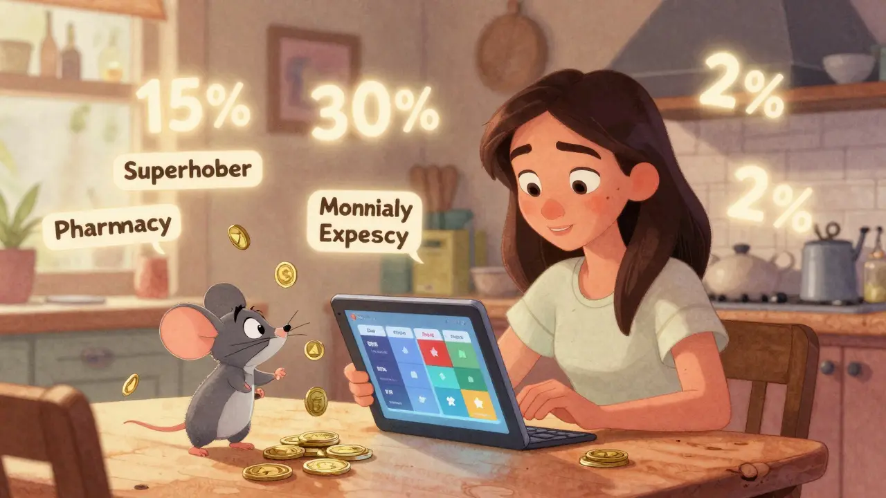 Женщина смотрит на планшет с картами, вокруг неё витают проценты и монеты, мышь пытается украсть кэшбэк.