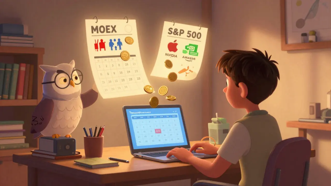 Человек настраивает автоматические инвестиции на ноутбуке, рядом с ним плавают портфели Мосбиржи и S&amp;P 500.