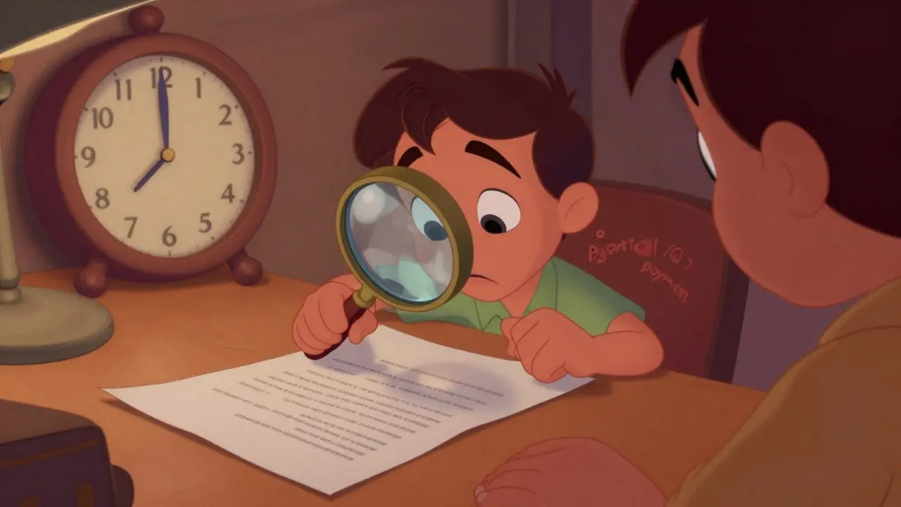 Человек внимательно изучает договор займа с лупой