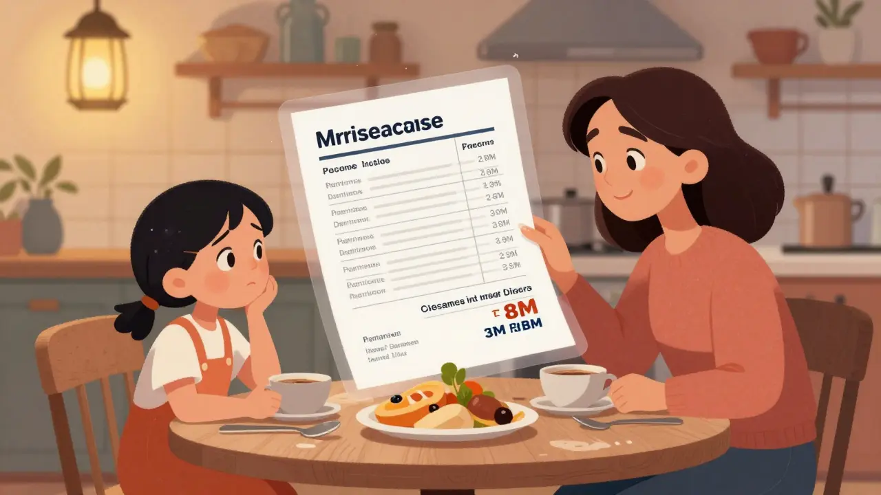 Дочь и мать за обеденным столом анализируют график платежей, сумма кредита увеличивается в воздухе над ними.