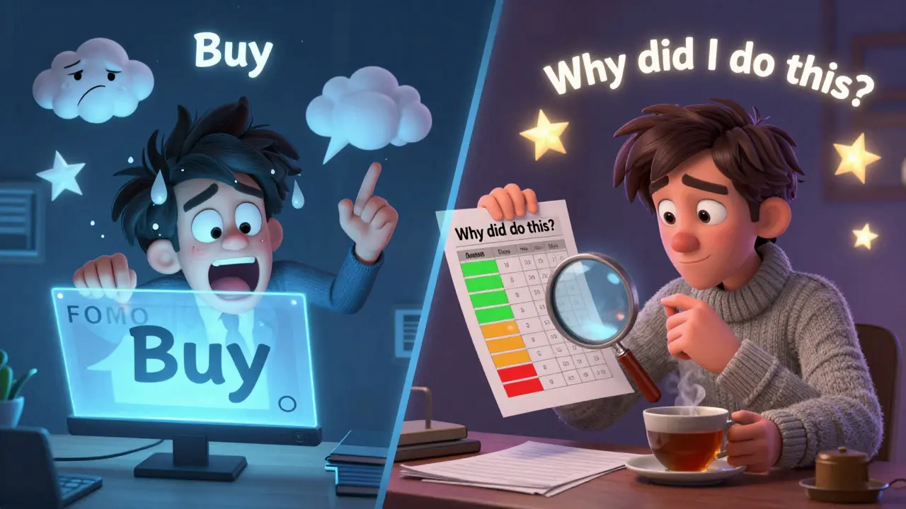 Два варианта инвестора: один паникует при покупке, другой спокойно анализирует сделки в таблице с цветовыми подсветками.