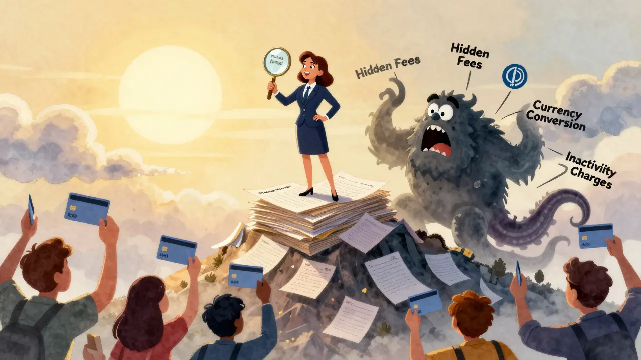 Герой с лупой побеждает монстра скрытых комиссий, а граждане с бесплатными картами празднуют.