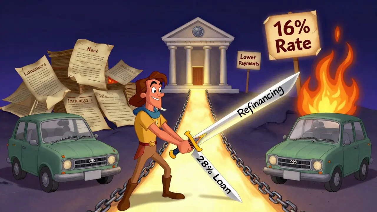 Герой с мечом 'Рефинансирование' разрезает цепи долгов, ведущие к более низкой ставке, в стиле Диснея.