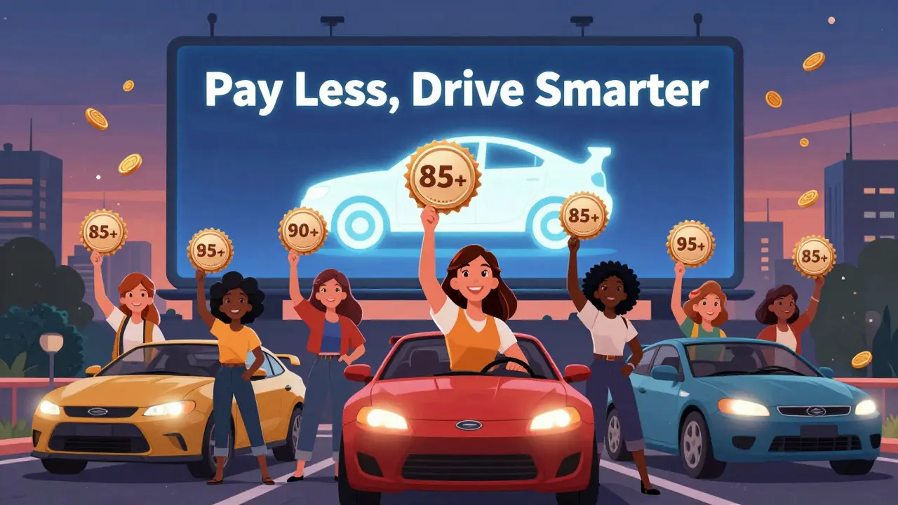 Группа водителей демонстрирует значки высоких баллов, над ними падают монеты, превращающиеся в копилки.