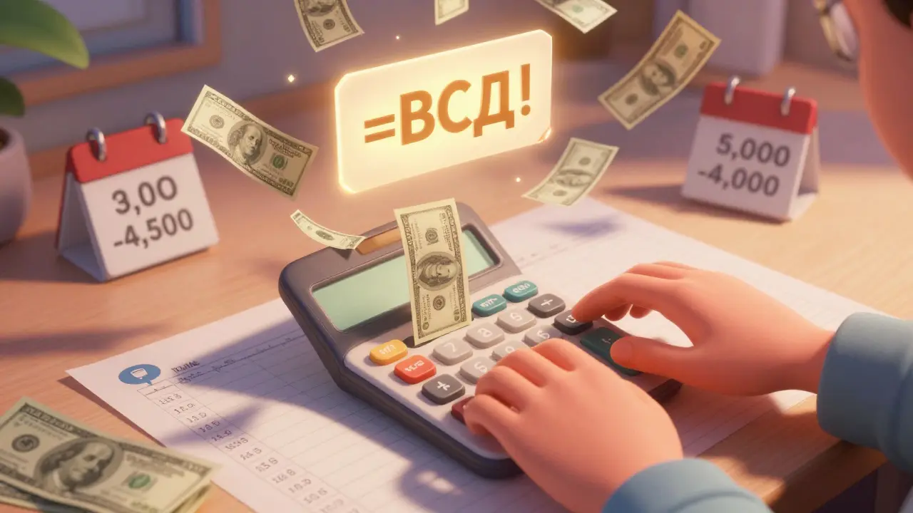 Калькулятор в Excel вычисляет полную стоимость кредита, вокруг летят платежи и страховки.