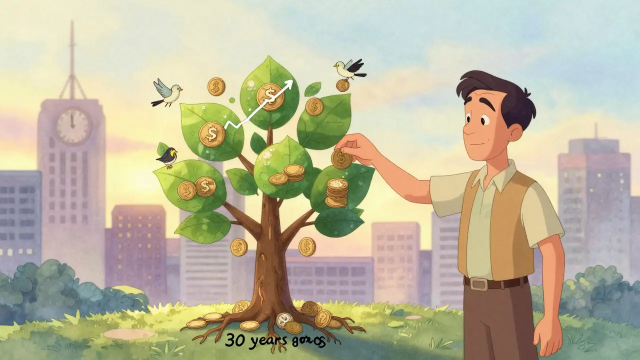 Мужчина в возрасте сажает дерево, листья которого — это растущие финансовые графики, символизирующие долгосрочные инвестиции.