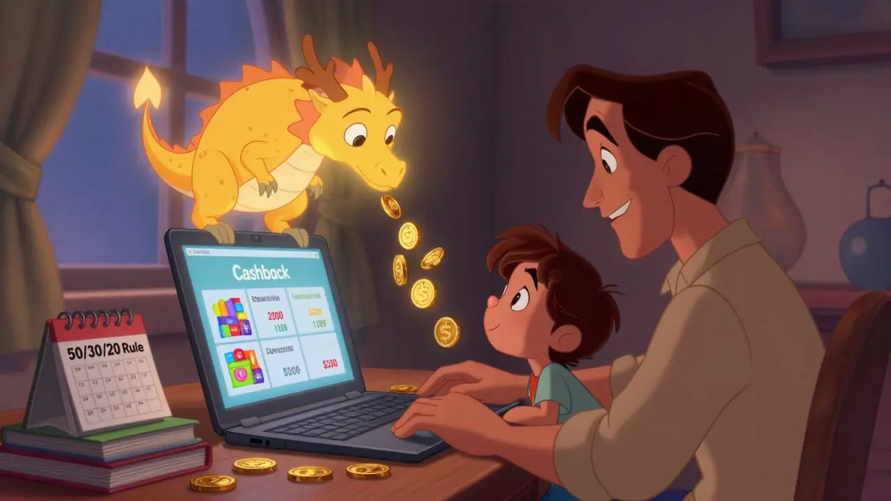 Отец и ребенок сравнивают цены онлайн, над ними летает дракон, выдующий золотые монеты кэшбэка.