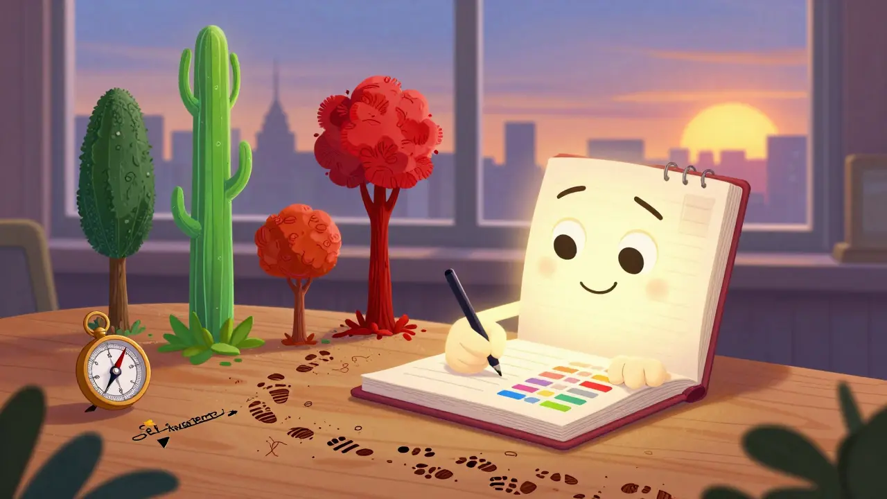 Оживший инвестиционный дневник помогает инвестору писать записи, рядом растут цветущие и увядающие графики.