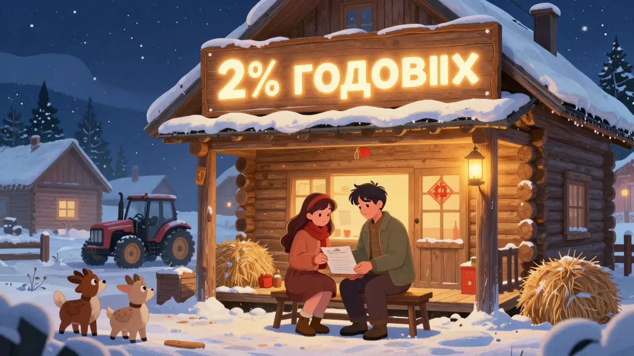 Пара подписывает договор на строительство дома в селе под льготную ставку 2%.