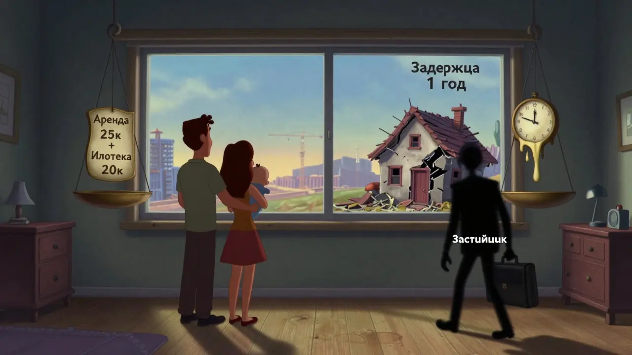 Пара в съемной квартире смотрит на стройку, перед ними финансовые весы с долгом.