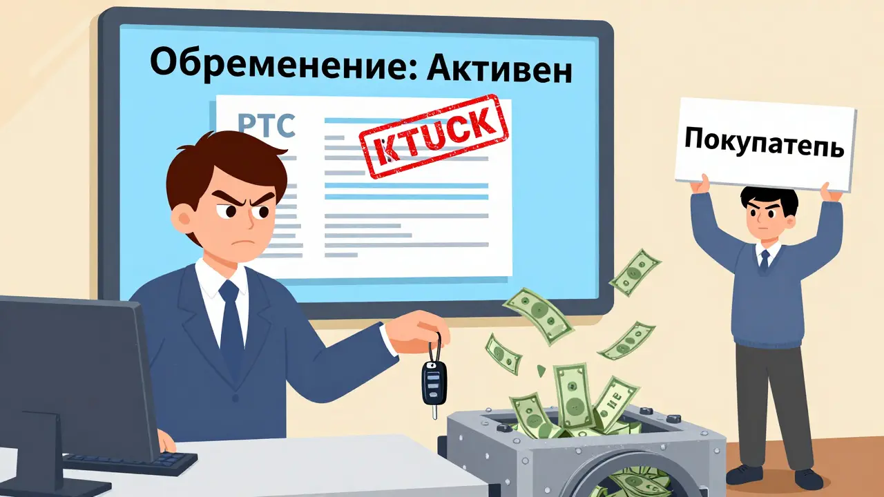 Покупатель и продавец автомобиля с банком, где деньги напрямую идут в сейф, в стиле Диснея.