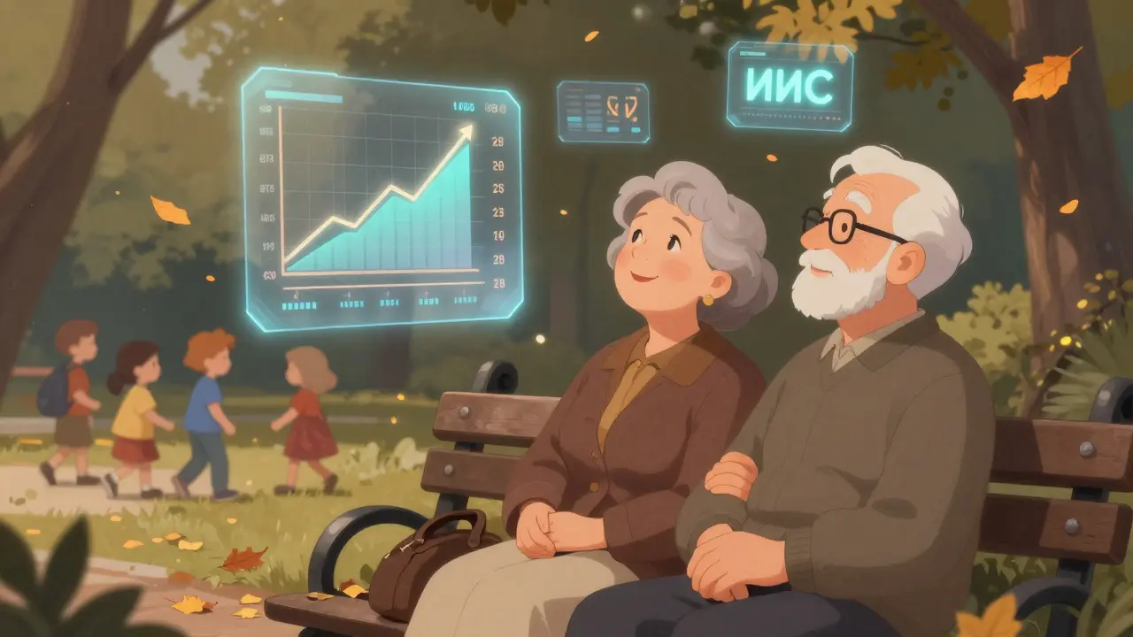 Пожилая пара на скамейке смотрит на прозрачные изображения своего инвестиционного портфеля, спокойно наслаждаясь пенсией.