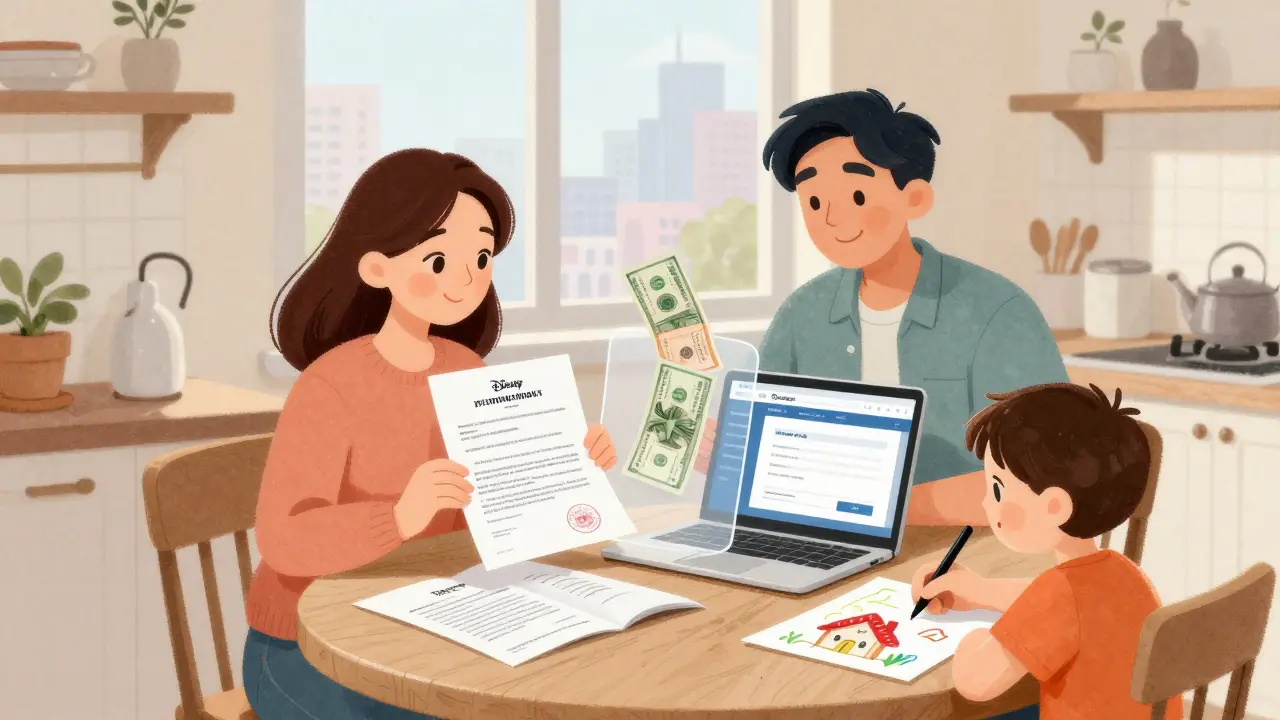 Родители изучают ипотечные документы за кухонным столом, ребёнок рисует дом.