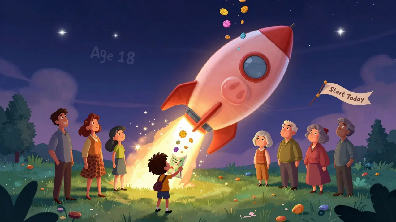 Семья кидает монеты в ракету-копилку, которая взлетает к звездам с метками будущего.