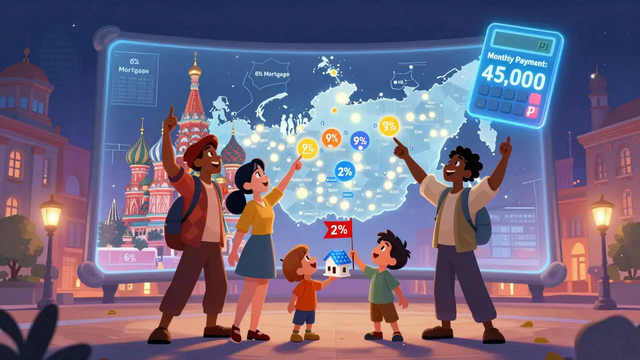 Семья смотрит на карту России, где отмечены города с льготной ипотекой под 6%.