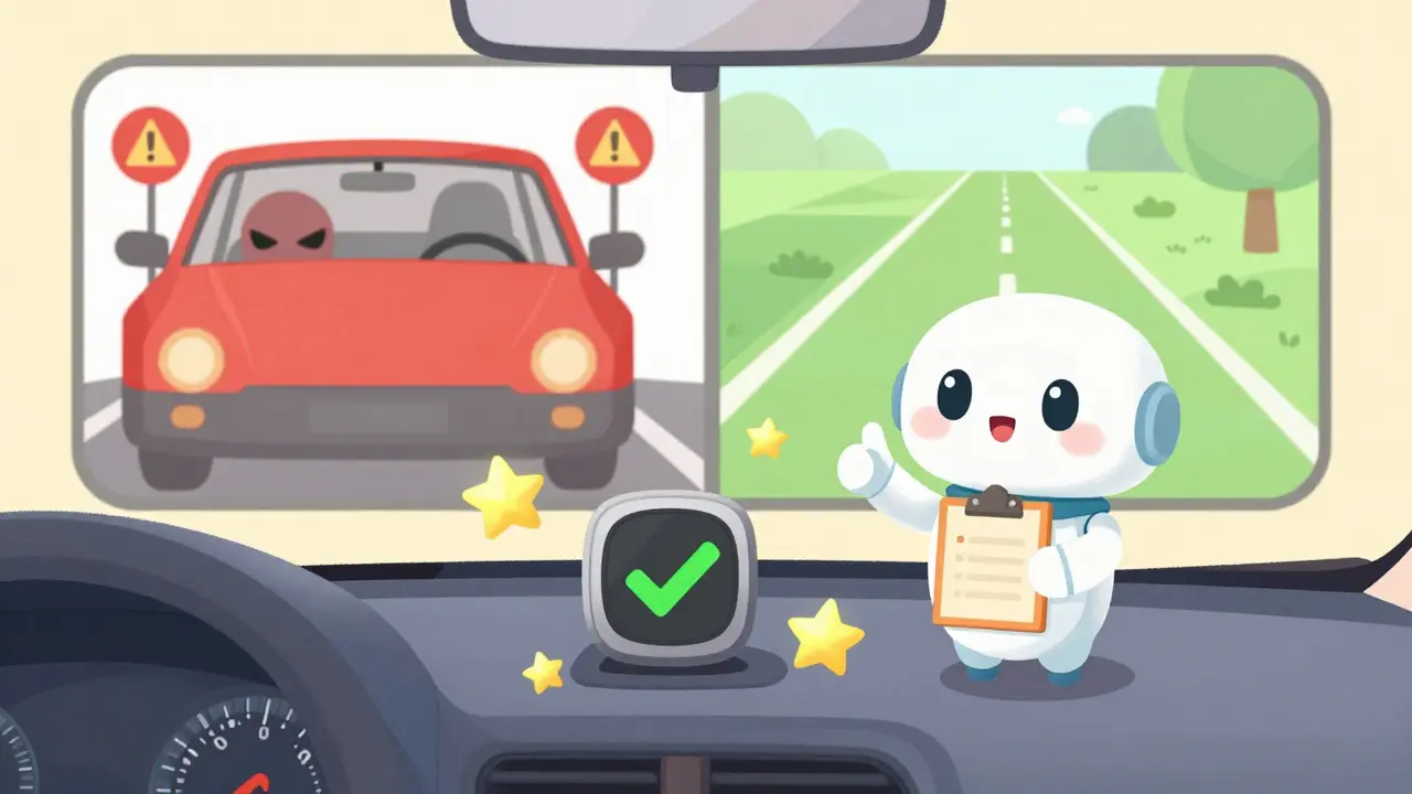 Симпатичный робот-страховщик одобряет аккуратного водителя, вокруг — звезды и зеленые значки безопасности.