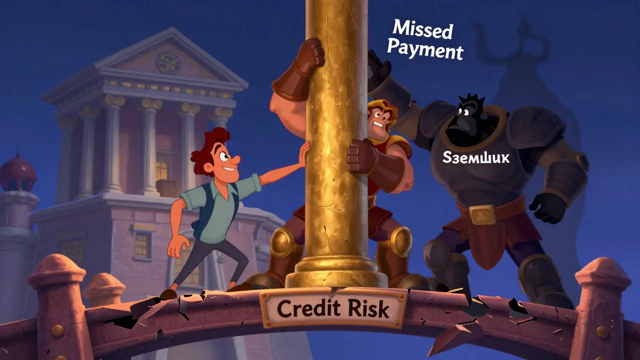 Созаемщик держит мост, спасая заемщика от падения, рядом — угрожающая тень просрочки.