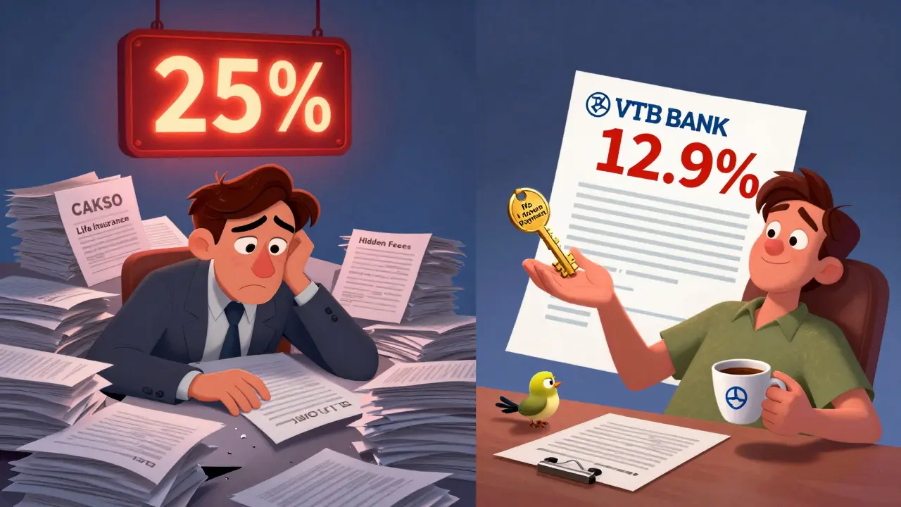 Сравнение: один человек подавлен документами с высокой ставкой, другой спокоен с низкой ставкой в мультяшном стиле.