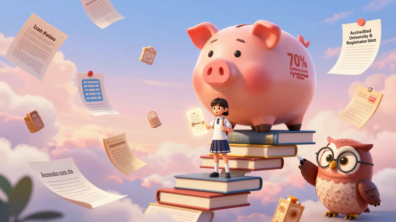 Студент получает кредит на обучение, окруженный учебными материалами и советом мудрой совы.