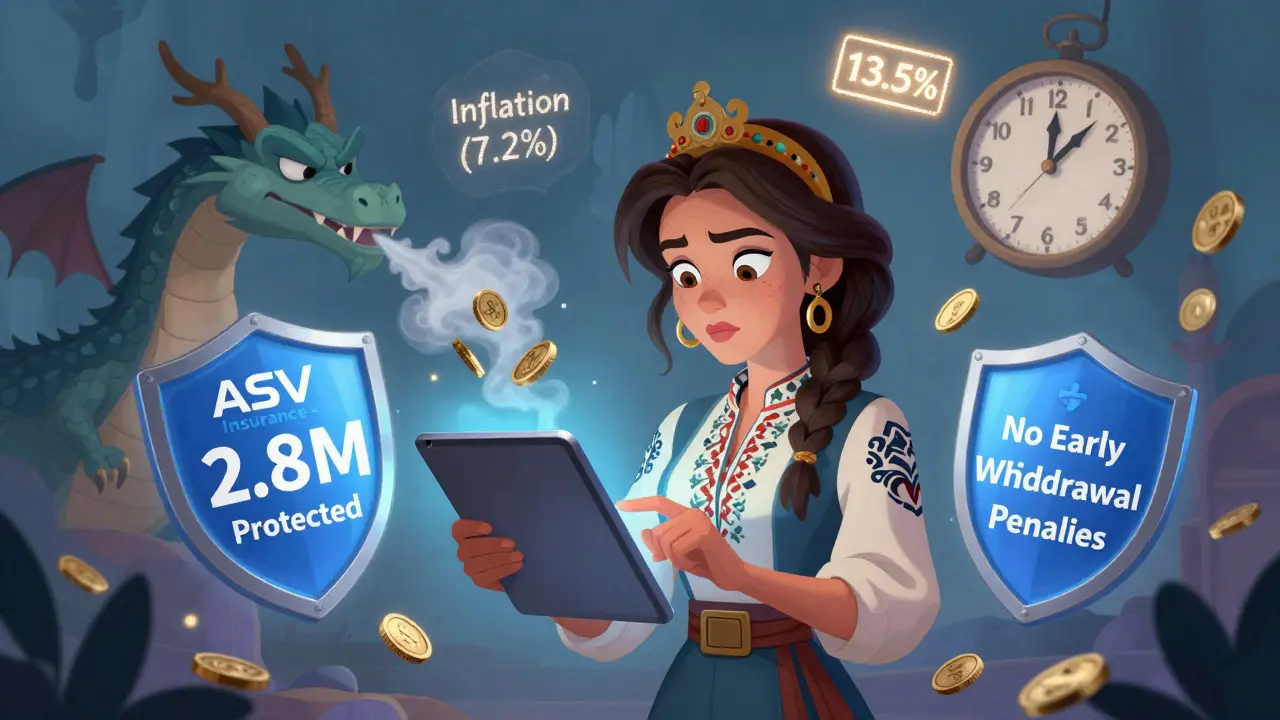 Женщина открывает вклад в приложении под защитой страховки и с высокой ставкой 13,5%.