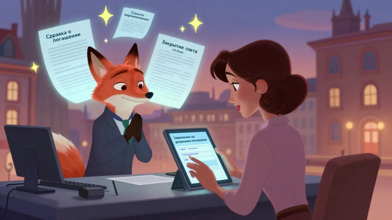 Женщина подает заявление на досрочное погашение, а волшебный банкир помогает ей.