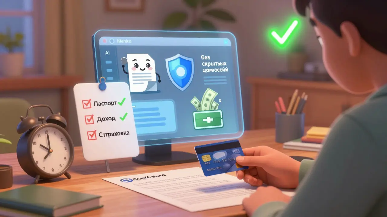 Человек проверяет условия кредита дома, рядом — чек-лист и цифровая система одобрения.